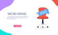 Office chair with `Vacancy` sign. `We`re hiring` banner. HR, hiring, recruitment, job design concept. Vector illustration Royalty Free Stock Photo